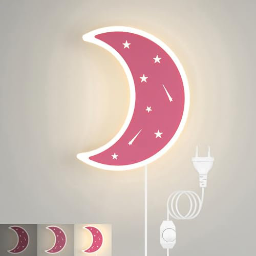 KZT Wandleuchte Kinder Wandlampe mit Schalter und Stecker Dimmbar LED Mond Lampe 3000K Warmweiß Nachttischlampe Nachtlicht für Mädchen Schlafzimmer Babyzimmer Kinderzimmer, Rosa Mondlampe, 180cm Kabel
