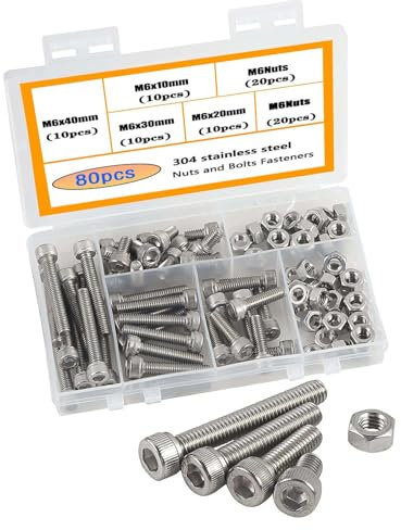 HVDHYY M6 Jeu de Vis et Écrous 304 Vis Inox Visserie Tête Hexagonale Assortiment Boulon Ecrou Vis et Écrous Assortiment Kit 80pcs