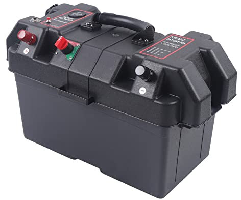 Multi-function Battery Box, Marine Trolling Motor Power Station, Electronic Generator Battery Case with Dual USB ports, for Caravan Camper Boat Motorhome, Black, 44x24.5x27cm