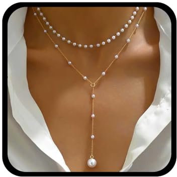 Cybche Vintage Pearl Y Lariat Necklace Layered Pearl Choker Necklace Gold Pearl Y Necklace Long Pearl Drop Necklace Wedding Pearl Pendant Necklace Jewelry for Women