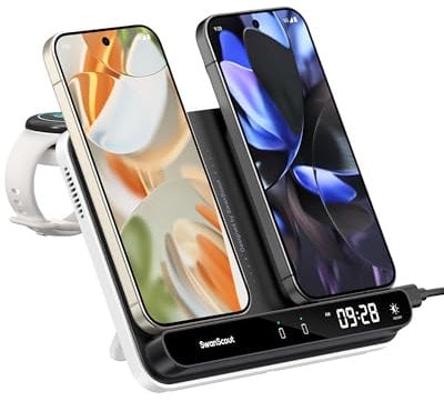 SwanScout Cargador Inalámbrico para Pixel Watch 3/2/Fitbit Versa 4/3/Sense 2 (No para Google Pixel Watch 1), Estación de Carga Dual para Pixel 9 Pro/9/8/7 y Más, para Pixel Buds Pro 2, SwanScout 710G2