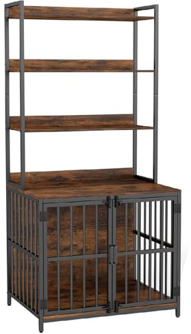COSTWAY Dog Crate Furniture, Wooden Dog Cage with Storage Shelves, Lockable Doors, Indoor Pet Kennel Side Table Cabinet for Small & Medium Sized Dogs