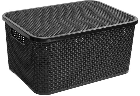 Rattan Effect Storage Handy Basket Box Plastic With Lid Kitchen Bathroom Stackable Organize Decorative (Anthracite, 10L (323 x 225x 152mm))