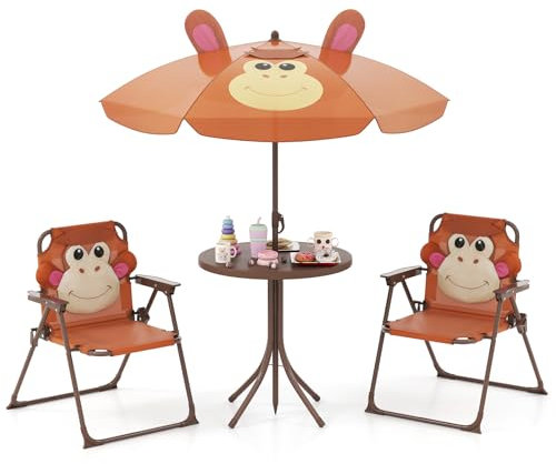 GOPLUS Ensemble Salon de Jardin Enfant 4 PCS, Table Pique-Nique Enfant avec 2 Chaises Pliante, Parasol Réglable en Hauteur, Charge 75KG, Table Exterieur pour 3-6 Ans (Singe Brun)