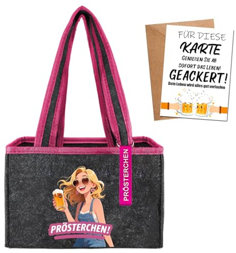 NEONSKY Stylische Filz-Tragetasche für 6 Flaschen – Mit Flaschenöffner & Grußkarte – Ideal für Bier, Wein oder Sekt – Herren- und Damen Perfekt Biertüte Geschenk, Pink