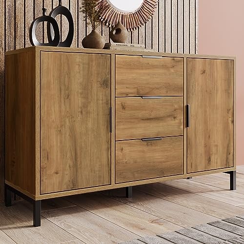 BTM Kommode mit 2 Türen und 3 Schubladen, 120 x 40 x 76 cm in Dunkle Eiche, Verstellbare Ablage, Sideboard Highboard für Schlafzimmer & alle Wohnräume