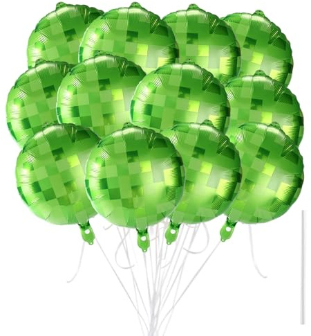 12 Stück Minecaf Luftballon, Grüne Runde Folienballons 18 Zoll – Ballons mit Band & Strohhalm, Partydekoration für Geburtstag, Hochzeit, Jubiläum & Events