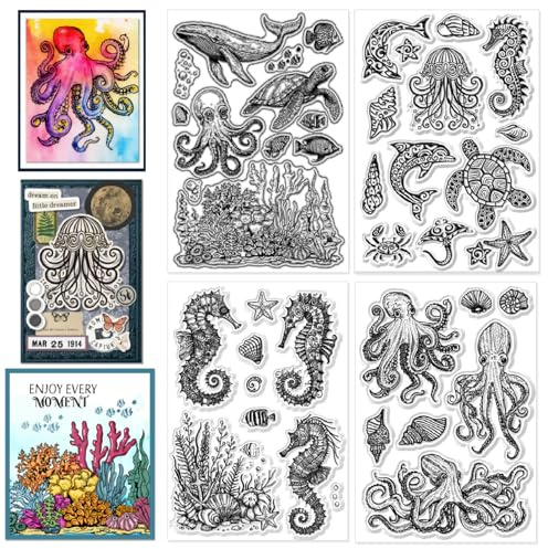 CHGCRAFT 4 Stück Klar Stempel Ozean-Motiv Schildkröte und Oktopus Silikonstempel für DIY-Scrapbooking und Kartenherstellung Papierbastel-Dekoration 11×16 cm