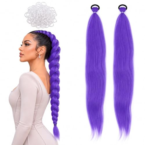 Lila Haare zum Einflechten Kunsthaar Extensions - Perücke Braids Zopf Hair | 2 Stück 60cm Pre-Stretched Braids in Purple Inkl. 200 Einweg-Haargummis, 24 Zoll Lange Perücke Haarverlängerung für Karneval