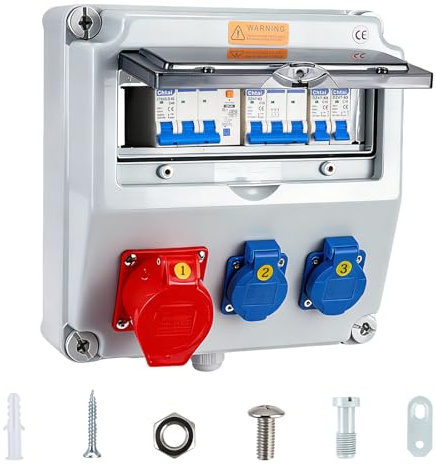 Wandverteiler Vorverkabelt Stromverteiler, 2 x 230V Schuko Steckdosen + 1 x CEE 400V 16A, Baustromverteiler mit FI-Schalter und LS Schalter, IP65 Wasserdicht Gehäuse für Innen und Außen