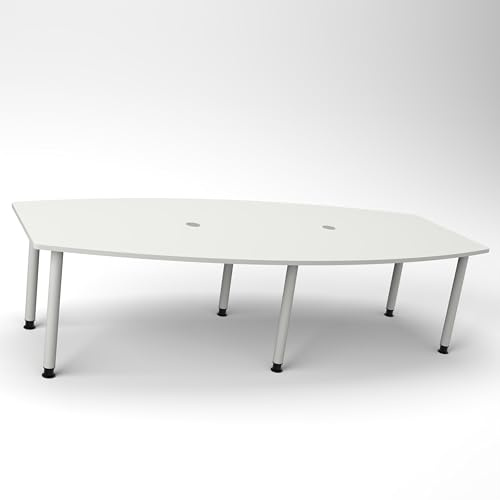 Konferenztisch KONTI 280x130 cm – ovaler Besprechungstisch in Weiß mit weißen Rundrohrfüßen & 2 Kabelauslässen, erweiterbarer Meetingtisch für 8–10 Personen, moderner XXL-Tisch fürs Büro