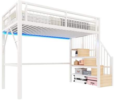 SOFTWEARY Hochbett mit RGB LED-Streifen, Lattenrost, Treppe, Regal, Rausfallschutz, Kinderbett, Metallbett, Jugendbett (weiß, 140x200 cm)
