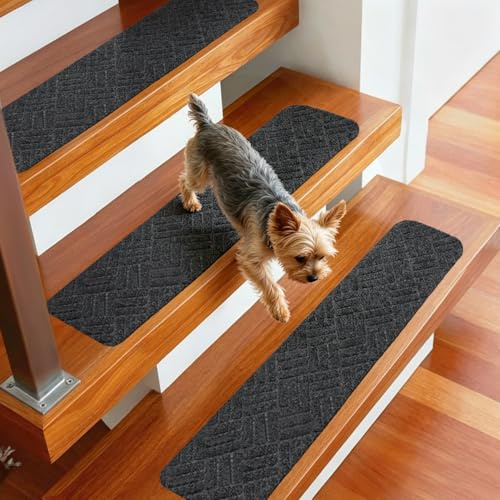WELSTIK rutschfeste Treppenstufenmatten 20cm*76cm, Teppichläufer für Holzstufen im Innenbereich, Treppenmatten mit TPE-Rückseite, 100% Polyester, sicher für Kinder und Hunde (15Pack, grau)