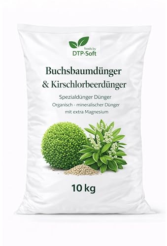 DTP-SOFT Buchsbaumdünger 10kg - Kirschlorbeerdünger für dichte Hecken und sattgrüne Blätter - organisch-mineralischer Spezialdünger mit Magnesium - Heckendünger für Buchsbaum, Kirschlorbeer und immerg