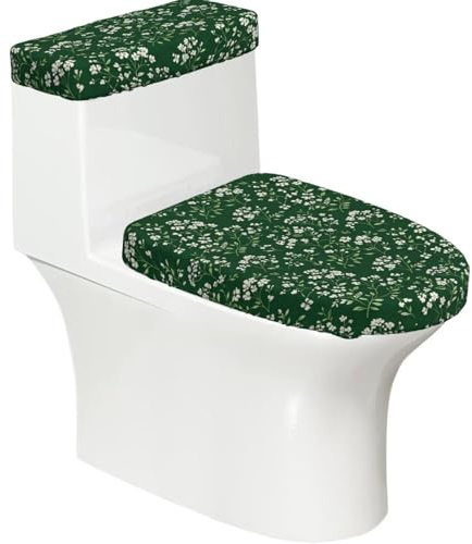 Dark Green Floral Stretchy Toilet Lid and Tank Cover Set-Soft Elastic Bathroom Decor for U Shape Oval