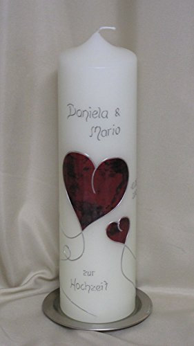 Hochzeitskerze mit roten Herzen in 30 x 8 cm ; inkl. Beschriftung ! V 3