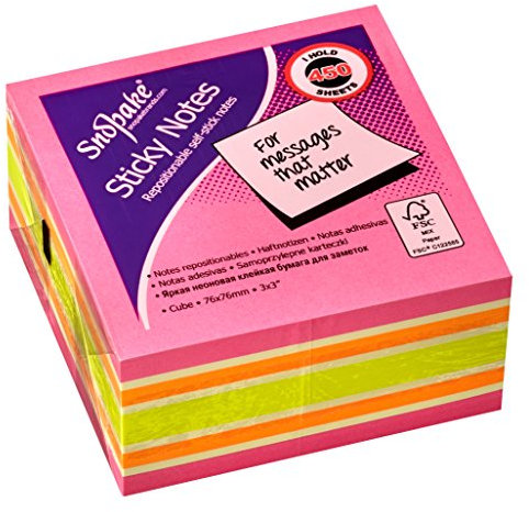 Snopake 76 x 76 mm Pink Rainbow NeonMix Sticky Notes [Cube of 450 Sheets] 15759