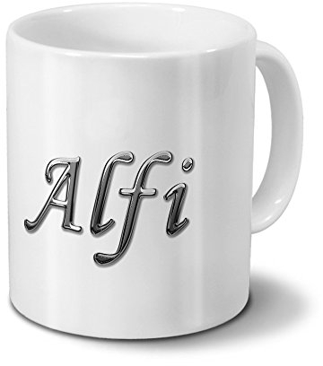 printplanet Tasse mit Namen Alfi - Motiv Chrom-Schriftzug - Namenstasse, Kaffeebecher, Mug, Becher, Kaffeetasse - Farbe Weiß