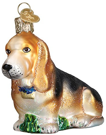 Old World Christmas Dog Collection Glass Blown Ornaments for Christmas Tree Basset Hound, Glitter Brown, 1.5 x 3