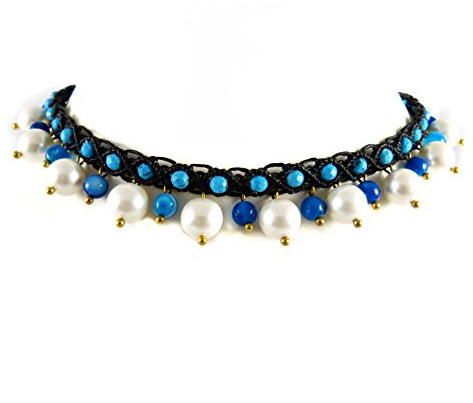 Choker Perlen Achat Makramee Collier Halsband Blau Thailand Boho Tribal Surfer Kette