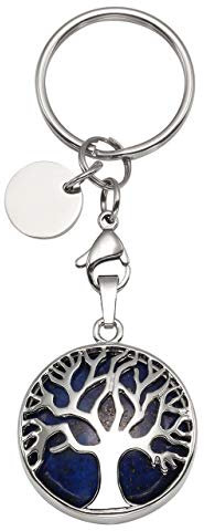 JOVIVI Silver Tree of Life Lapis Lazuli Crystal Healing Reiki Chakra Natural Gemstone Pendant Keyring Keychain Handmade DIY ID Tag Key Ring