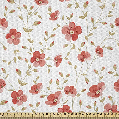 ABAKUHAUS Blume Stoff als Meterware, Peony Blumen-Blüte, Microfaser Stoff für Dekoratives Basteln, 1M (148x100cm),Dunkler Coral Weiß