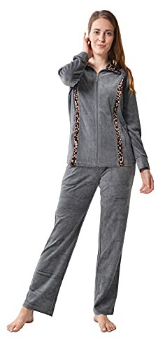 RAIKOU Damen Hausanzug Velours Nicki Trainingsanzug Freizeitanzug mit Reißverschluss (Grau Melange,36/38)