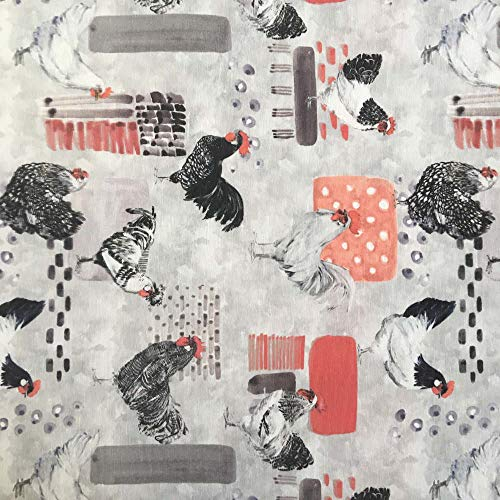 Kt KILOtela - Gedruckt Canvas Dekostoff - Stück: 100 cm Länge x 280 cm Breite | Hühner - Grau, Weiß, Schwarz, Rot