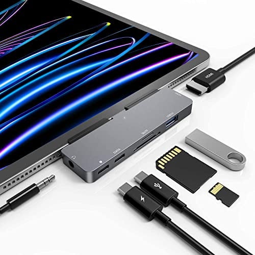iPad Pro USB C Hub, 7-in-1 Adapter für iPad Pro M4 M2 M1 13 12,9 11 iPad Air 5 4 Dockingstation mit 4K HDMI, USB-C PD, SD/TF Kartenleser, USB 3.0, 3,5mm Kopfhöreranschluss, iPad mini 6 Zubehör
