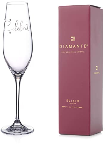 DIAMANTE Swarovski Champagne Flute Crystal Prosecco Glass with “Celebrate” Slogan – Embellished with Swarovski Crystals – Single Flute Gift Boxed