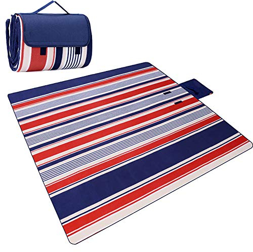 Fleece Picknickdecke Aluminiumfolie Wasserdicht Sanddicht Extra Groß 200 X 200 cm Stranddecke Matte Tragbar Faltbar Mit Tragegurt Teppich Zum Draussen Garten Camping Wandern Reise (Streifen)