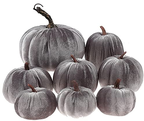 Gresorth 8 Stück Sortiert Gefälscht Handgefertigt Grau Samt Kürbisse Künstlich Herbsternte Halloween Dekoration Heim Bauernhaus