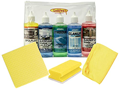 Lorito Reinigungsmittel Set mit Sanitärreiniger, Glasreiniger, Spülmittel, Alkoholreiniger, Wischpflege Schwammtuch, Topfreiniger und Mikrofasertuch