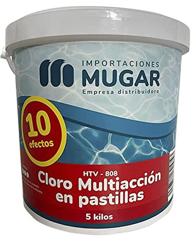 MUGAR- Cloro 10 Acciones en Tarrinas de 5 Kilogramos en Pastillas de 200 gr. Cloro 10 Efectos para Limpieza de Piscinas