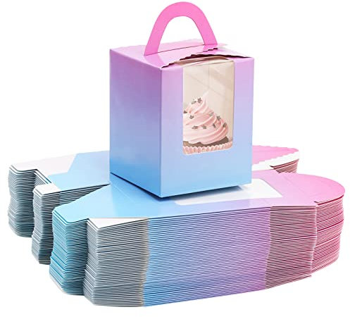 Allbests 100Pcs Single Cupcake Boxes Gradient Individual Cupcake Boxes With Window for Bakery Wrapping Gift