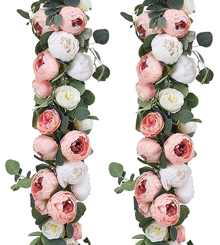 Floweroyal 2 Pack Artificial Flower Garlands 11.2FT Eucalyptus Garlands with Flowers 8 Head Peony Flower Vine Faux Floral Garland for Wedding Arch Table Wall Backdrop Wreath Decoration. (Pink & White)