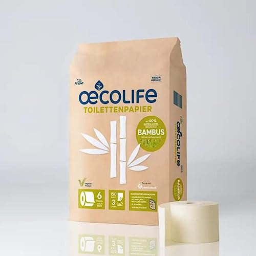 oecolife Toilettenpapier BAMBUS, 3-lagig, 6 Rollen á 150 Blatt, superweich, plastikfrei verpackt, vegan, nachhaltiges Klopapier
