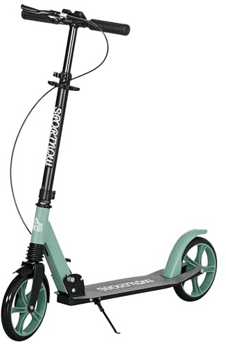 HOMCOM One-click Folding Kick Scooter for 14+ w/Adjustable Handlebar, Push Scooter with Kickstand, Dual Brake System, Shock Absorber, 200mm Wheels & ABEC-9 Bearings, Green
