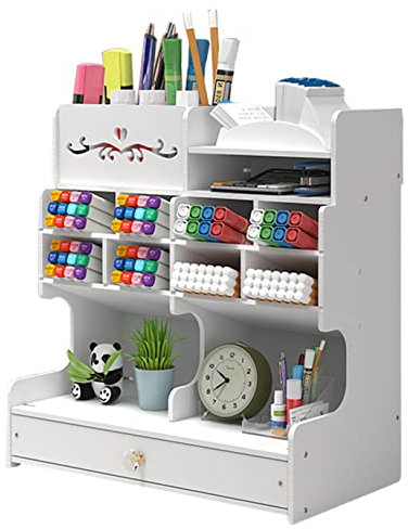 Vikmyer Holz Bleistifthalter, Schreibtisch Organizer Multifunktions Desktop Schreibwaren Stifthalter Box für Home Office Schulbedarf Lagerregal mit Schublade Weiß-pb18