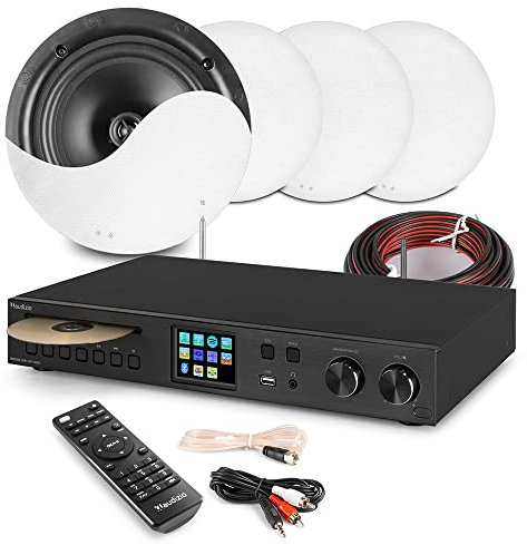 Audizio NCSS8 Ceiling Speaker System Package with Black Brescia Streaming Amplifier - WiFi, Bluetooth, Spotify Connect, DAB+, FM Radio, CD Player - 4x8 HiFi Home Ceiling Speaker Kit