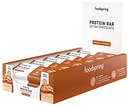 foodspring Protein Bar Extra Chocolate - 13 g de protéine par barre, sans sucre ajouté, en-cas à prendre après le sport ou en déplacement - Crunchy Peanut - 12 x 45 g