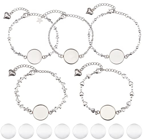 SUNNYCLUE 1 Box 20Pcs 5 Styles Bracelet Bezel Settings for jewellery Making 10pcs 304 Stainless Steel Bezel Bracelets Blank Tray Bangles 10pcs 16mm Flat Round Clear Glass Cabochons Women DIY Crafts