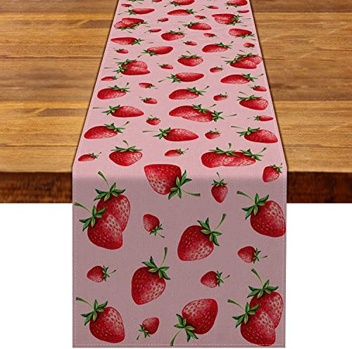 Tischläufer aus Leinen, Erdbeere, rustikal, für Mädchen, Geburtstagsparty, Babyparty, Zuhause, Esszimmer, Küche, Tischdekoration (33 x 228,6 cm)
