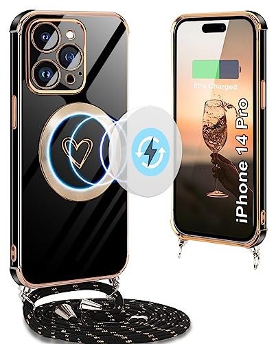 Yutwo Handykette iPhone 14 Pro Hülle mit Band, Handyhülle iPhone 14 Pro mit Band Silikon Stoßfeste Herz Love Magnetische Absaugung Schutzhülle iPhone 14 Pro mit Band, Schwarz