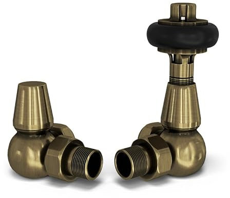 UK Radiators Brushed Antique Brass Finish Thermostatic Radiator Valve and Corner Lockshield - Traditional Design 1/2 x 15mm Wooden Head Corner Radiator Valve