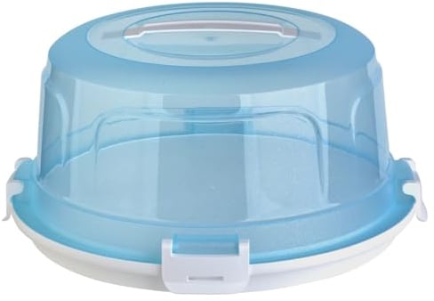 Engelland Runde Kuchen-Transportbox mit Griff, Deckel und 4-fach Klick-Verschluss, Farbe: Türkis-Weiß, Ø 36,50 cm x H 17,50 cm, BPA-frei, Torten-haube, Stückeinteilungshilfe