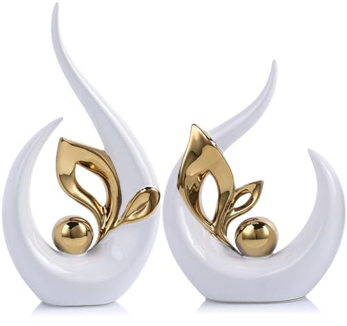 9.4 H White Gold Abstract Sculptures Home Decor, Ceramic Art Statue Cool Stuff to Put on Shelves&tv Stand Decor, Gold Accent Entertainment Center, for Fireplace Coffee Table Dining Table Decorate