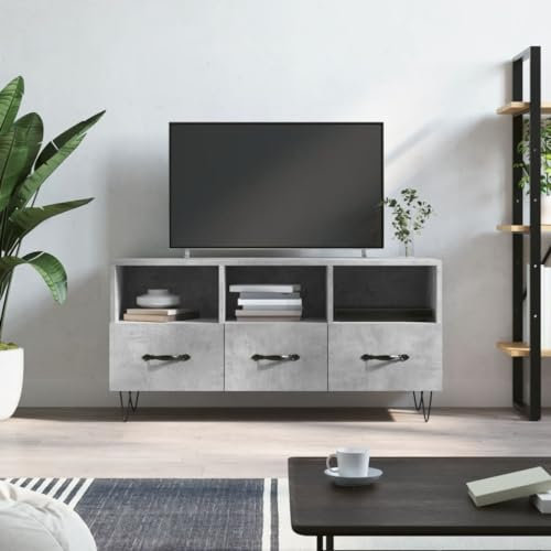 Homgoday Meuble TV en Bois d'Ingénierie Gris Béton avec Rangement et Pieds en Fer - 102 x 36 x 50 cm