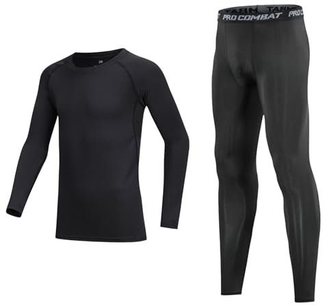 Stolpyzh Kids' Boys Base Layer Set Long Sleeve Thermal Sports Underwear Gym Athletic Shirt Tights Top & Bottom Sets (Long Black, 10-11 Years/size 28)