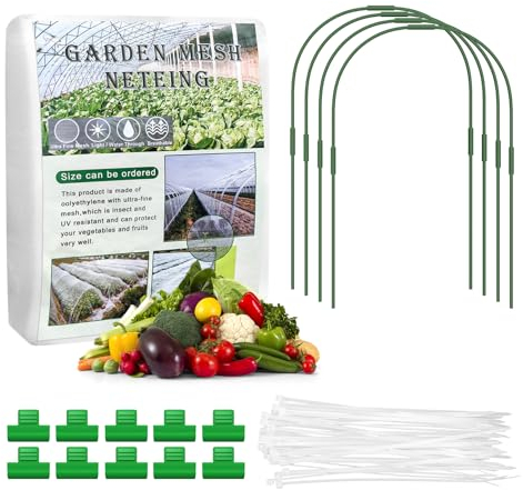 Gartennetz Insektennetz Insektenschutznetz 2.5 * 5M Pflanzenschutznetz Ultrafein Feinmaschig Schutz Gemüsenetz vor Insekten und Vögel mit Stützstab*4, Kabelbinder*20 und Clip*40